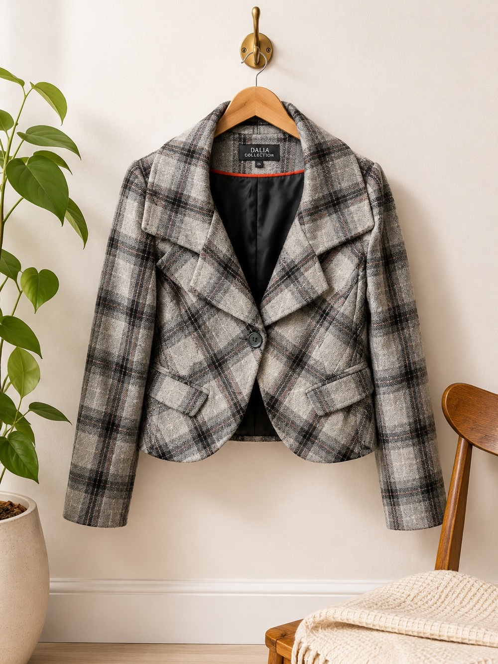 Dalia Womens Gray Plaid Cropped Blazer Wool Blend Sz 10 Corpcore Preppy Clueless